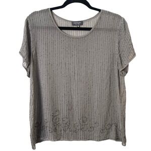 Gryphon‎ New York Grey Silk Silver Beaded Short Sleeve Crewneck Top